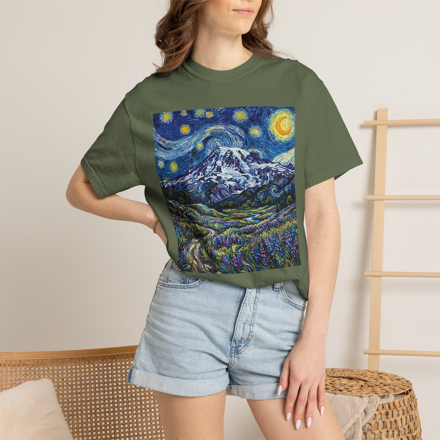 Mt Rainier with Lupines T-Shirt -- Starry Mountain Landscape Tee