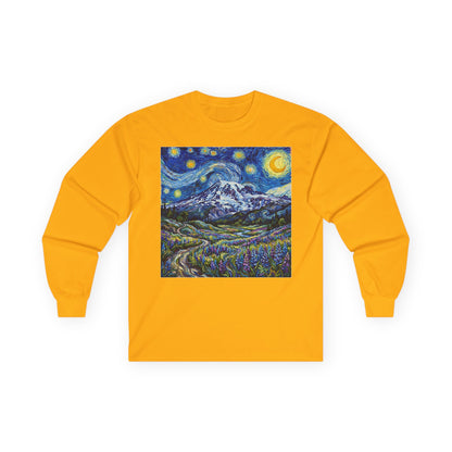 Starry Night Mountain Long Sleeve Tee, Mt. Rainier with Lupines Warm Shirt