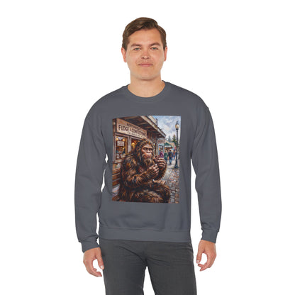 Bigfoot Eating Fudge Crewneck Sweatshirt — Funny Sasquatch Vintage Street Scene