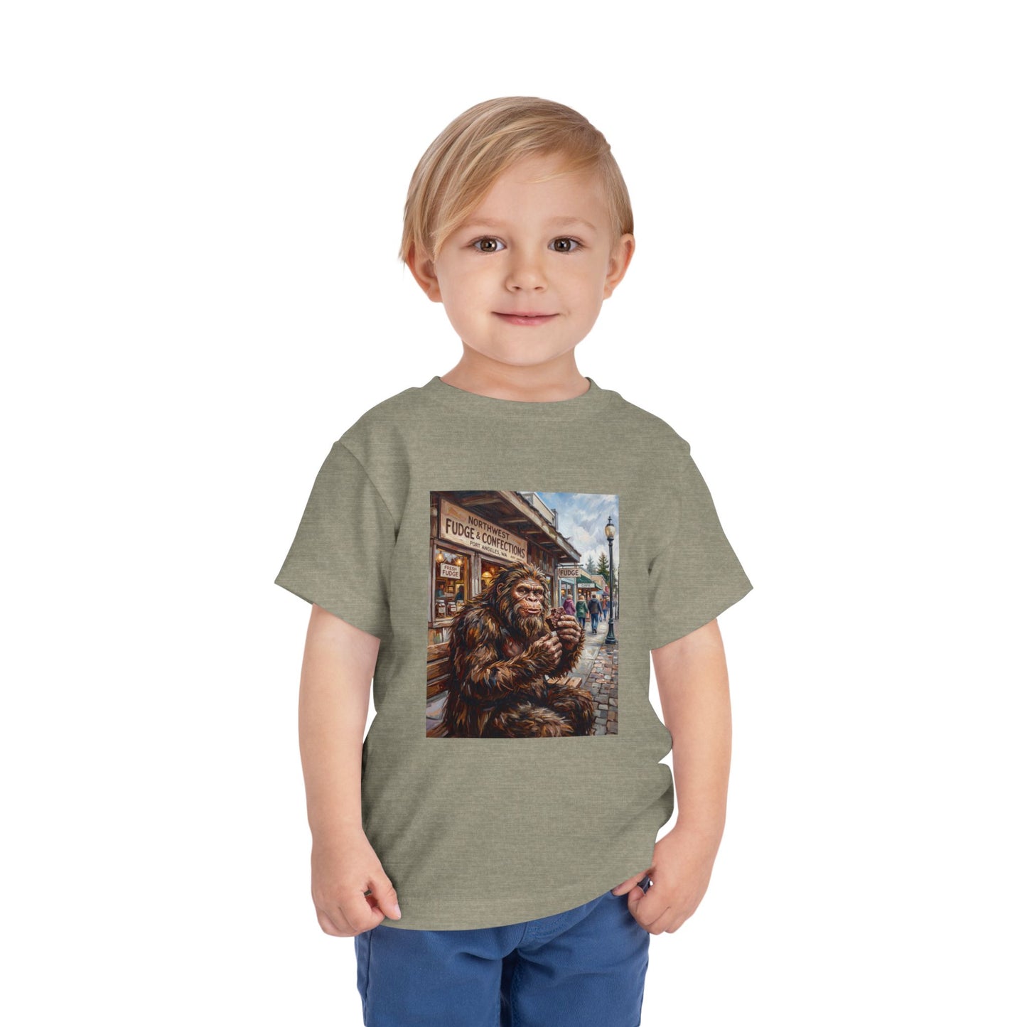 Toddler Tee — Vintage Bigfoot Eating Donut Street Scene