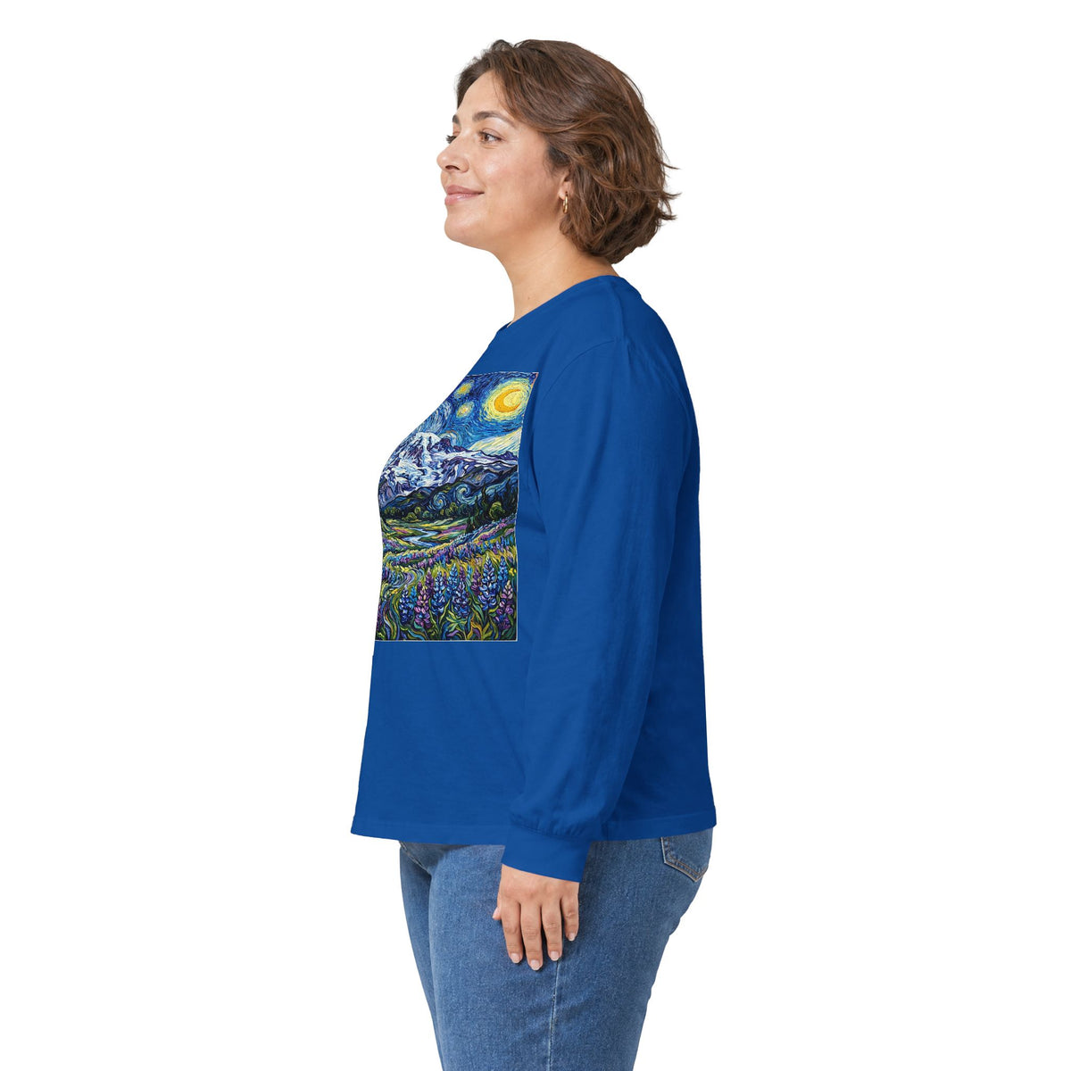 Starry Night Mountain Long Sleeve Tee, Mt. Rainier with Lupines Warm Shirt