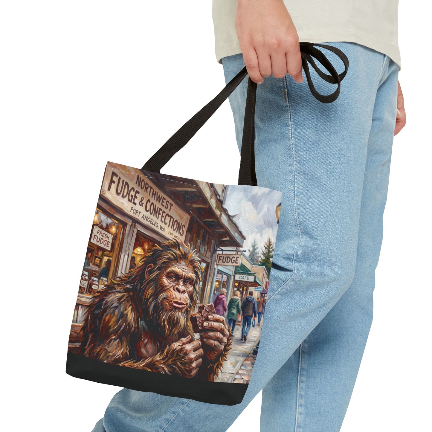 Bigfoot Fudge Shop Tote Bag — Quirky Sasquatch Market Art Tote