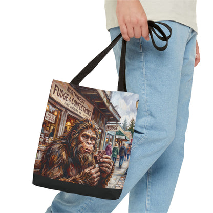 Bigfoot Fudge Shop Tote Bag — Quirky Sasquatch Market Art Tote