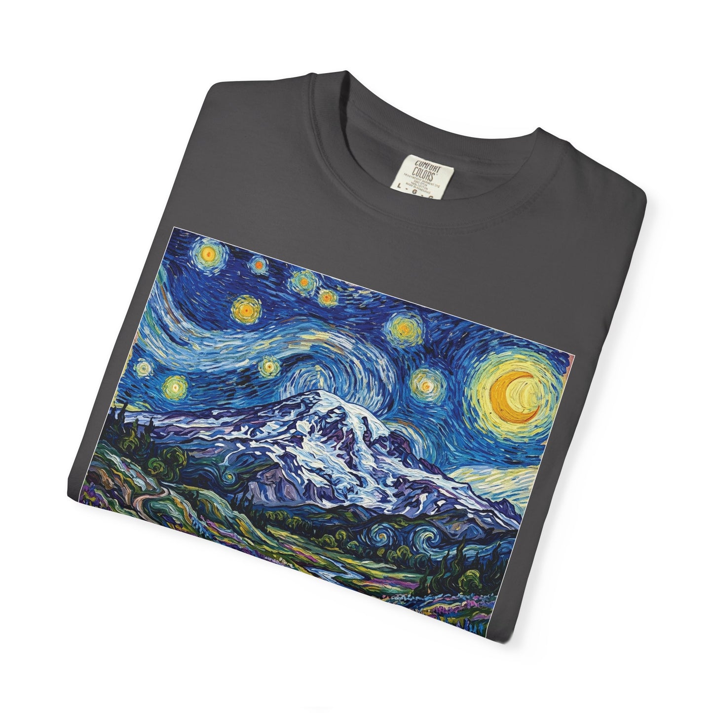 Starry Mountain Landscape T-Shirt — Van Gogh Style Night Sky over Wildflower Valley