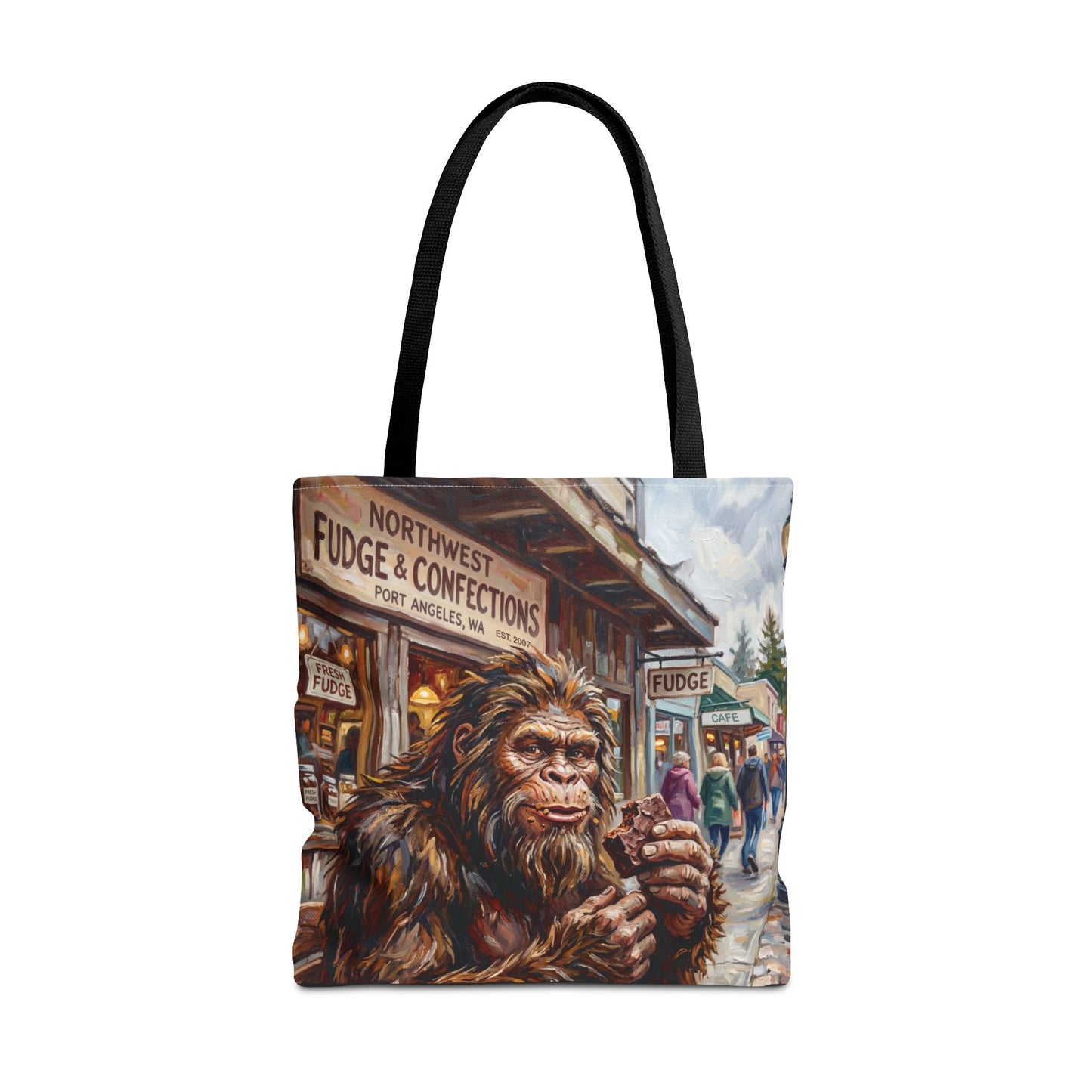 Bigfoot Fudge Shop Tote Bag — Quirky Sasquatch Market Art Tote