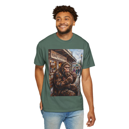 Bigfoot Fudge Shop T-Shirt — Sasquatch Street Scene Graphic Tee