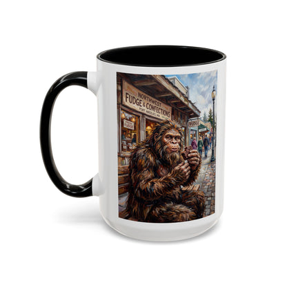Bigfoot Street Scene Accent Coffee Mug — Sasquatch Eating Fudge in Vintage Town (11/15oz)