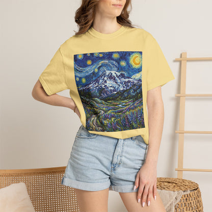 Mt Rainier with Lupines T-Shirt -- Starry Mountain Landscape Tee