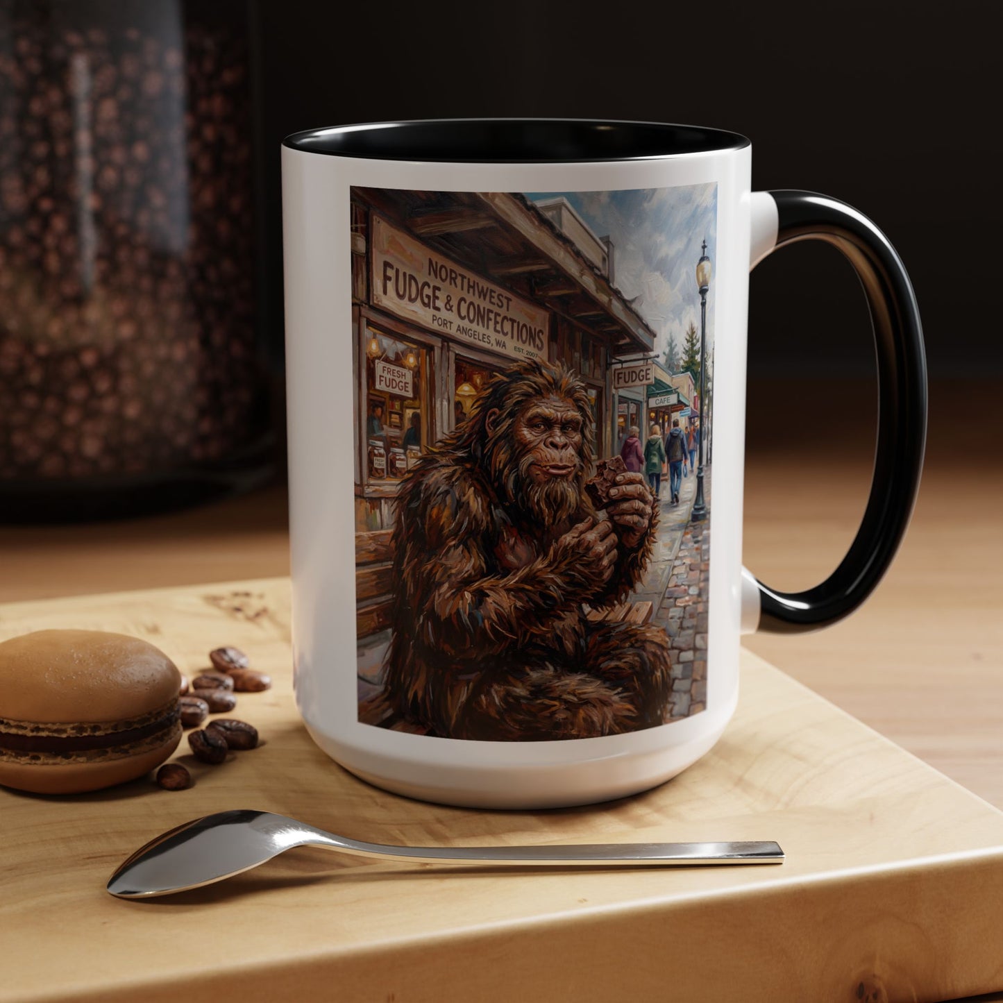Bigfoot Street Scene Accent Coffee Mug — Sasquatch Eating Fudge in Vintage Town (11/15oz)