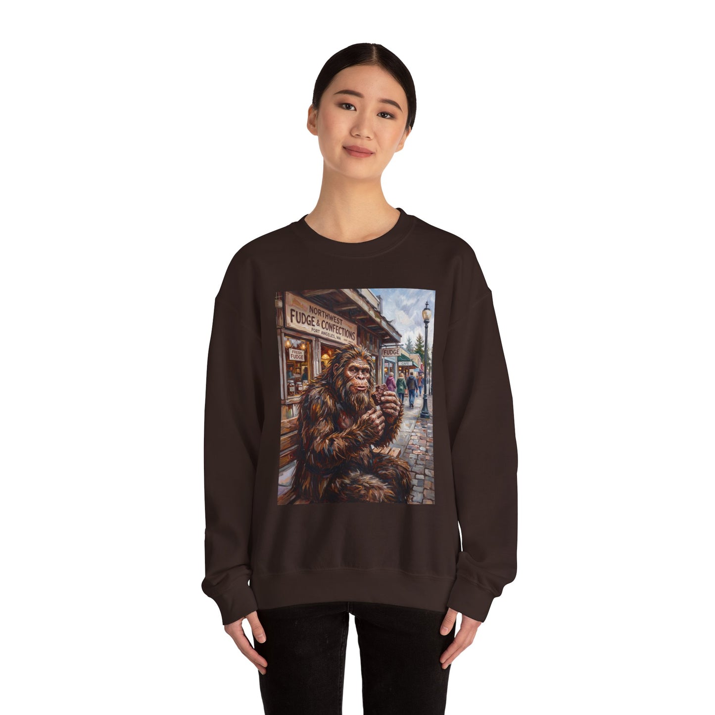 Bigfoot Eating Fudge Crewneck Sweatshirt — Funny Sasquatch Vintage Street Scene