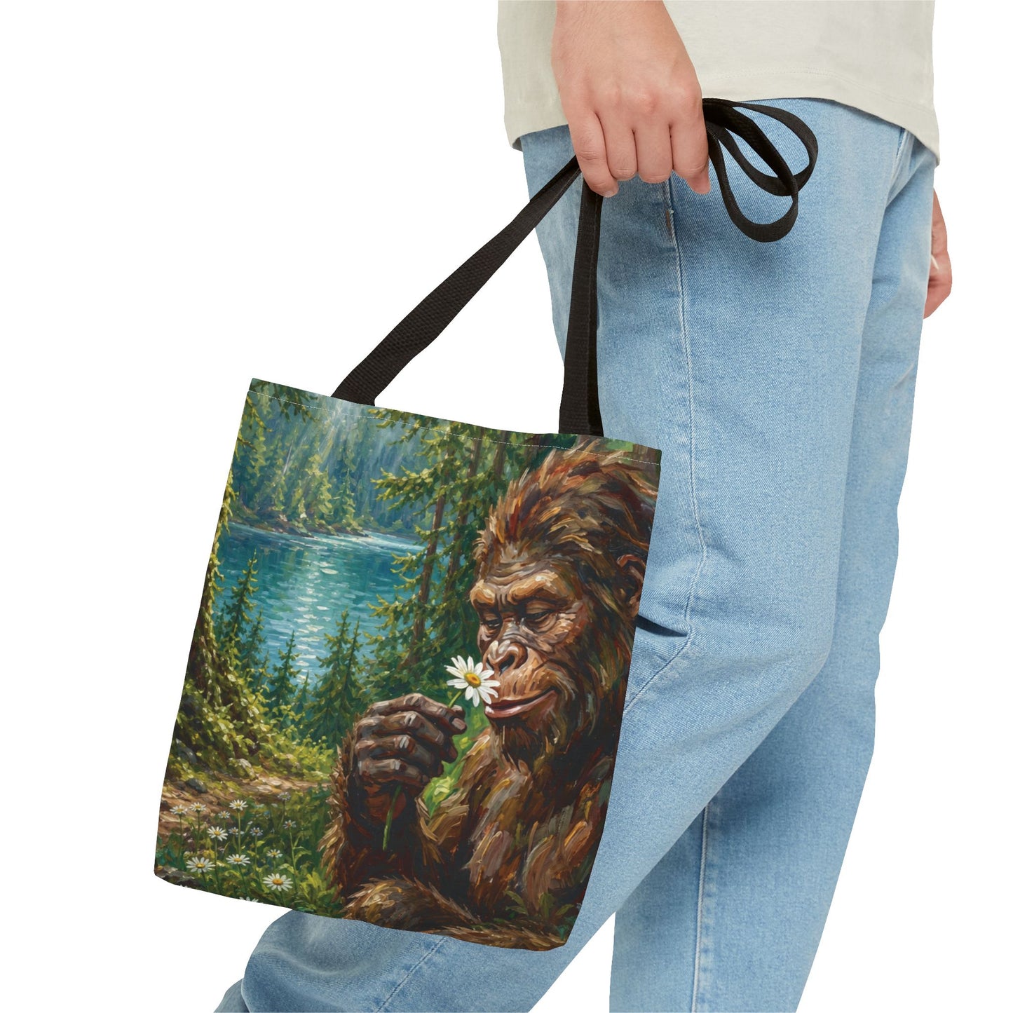 Sasquatch Meadow Tote Bag — Whimsical Bigfoot Nature Canvas Tote