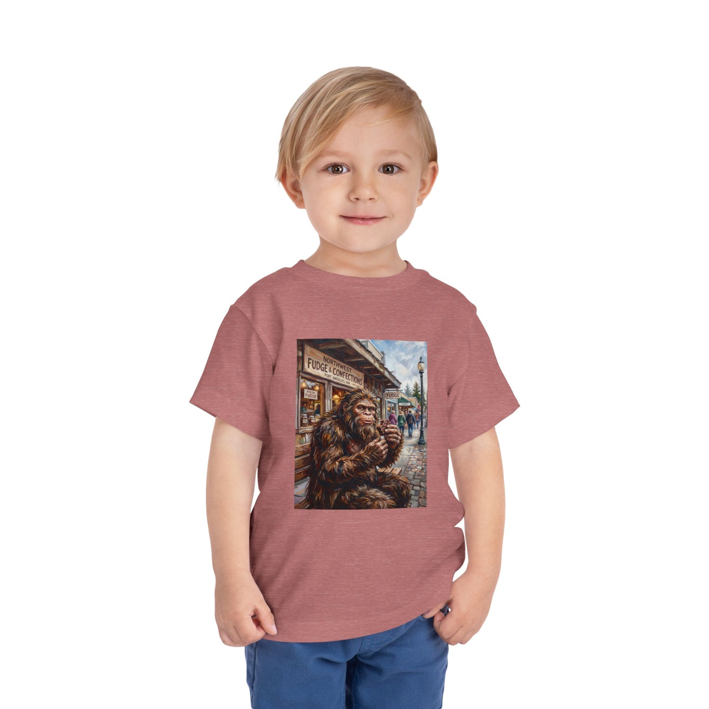 Toddler Tee — Vintage Bigfoot Eating Donut Street Scene