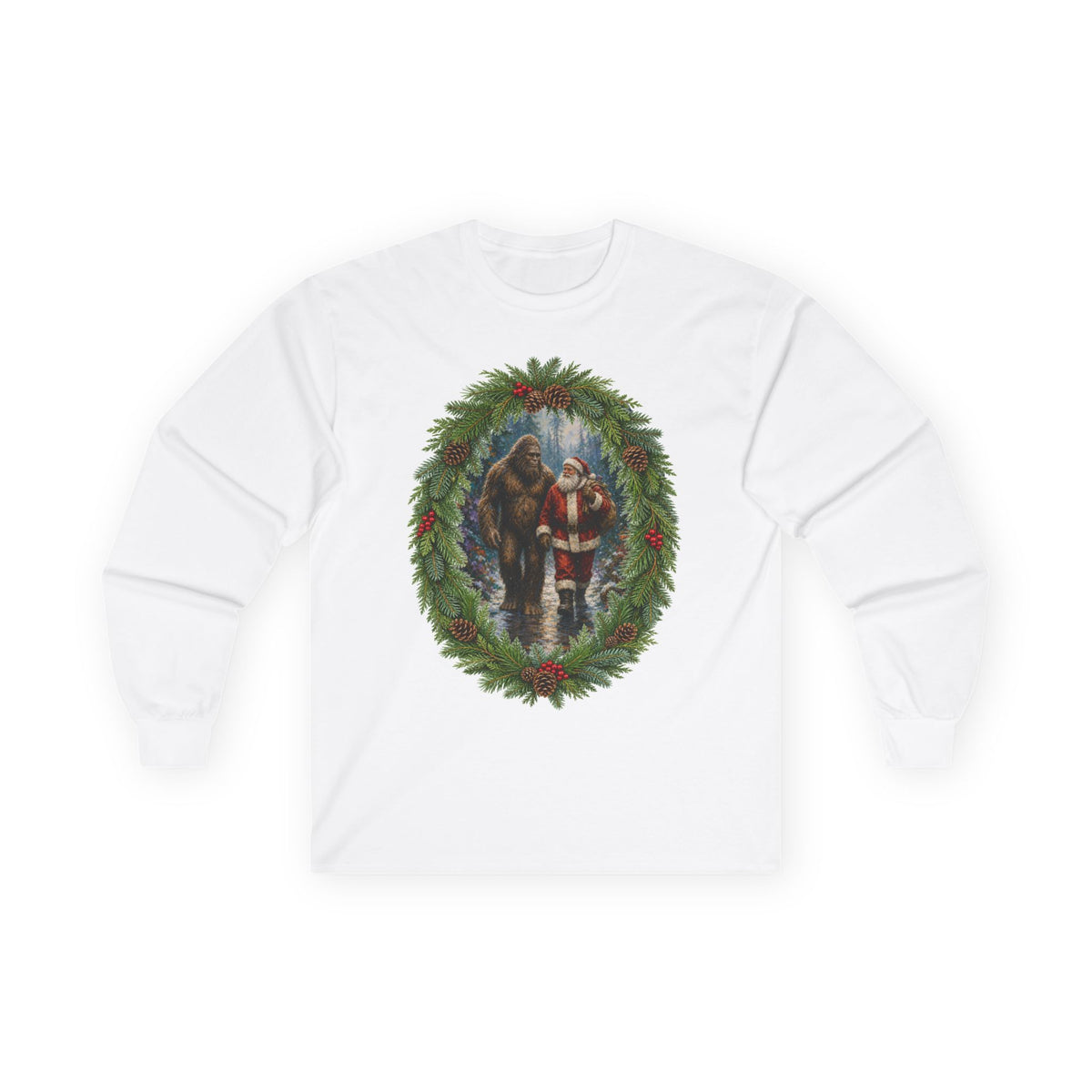Santa with Sasquatch Christmas Long Sleeve Tee