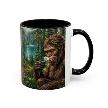 Bigfoot Forest Coffee Mug — Sasquatch Holding Daisy 11oz or 15oz Accent Mug