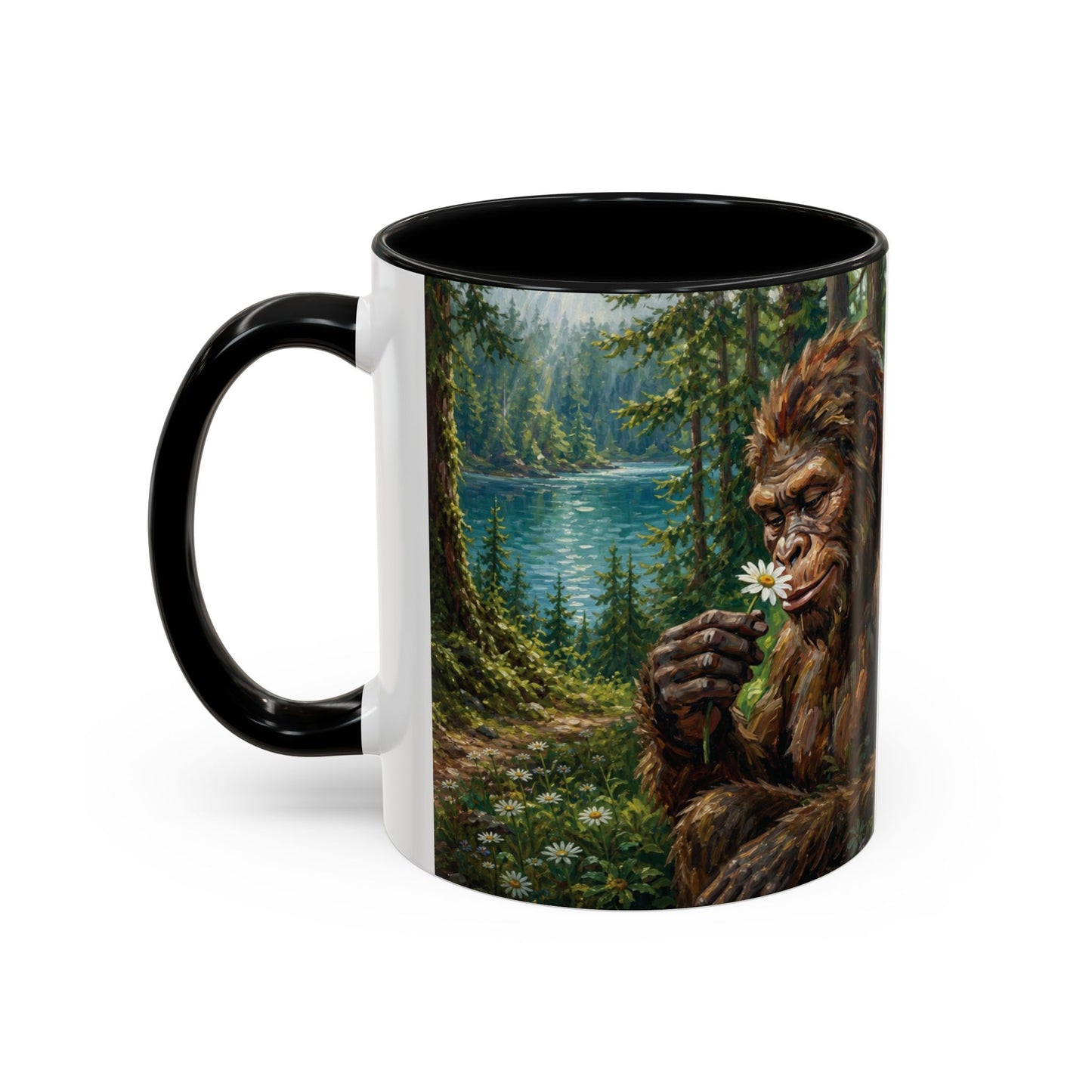 Bigfoot Forest Coffee Mug — Sasquatch Holding Daisy 11oz or 15oz Accent Mug