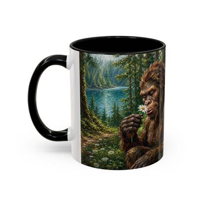 Bigfoot Forest Coffee Mug — Sasquatch Holding Daisy 11oz or 15oz Accent Mug