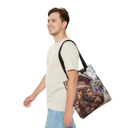 Bigfoot Fudge Shop Tote Bag — Whimsical Sasquatch Street Scene All-Over Print Tote