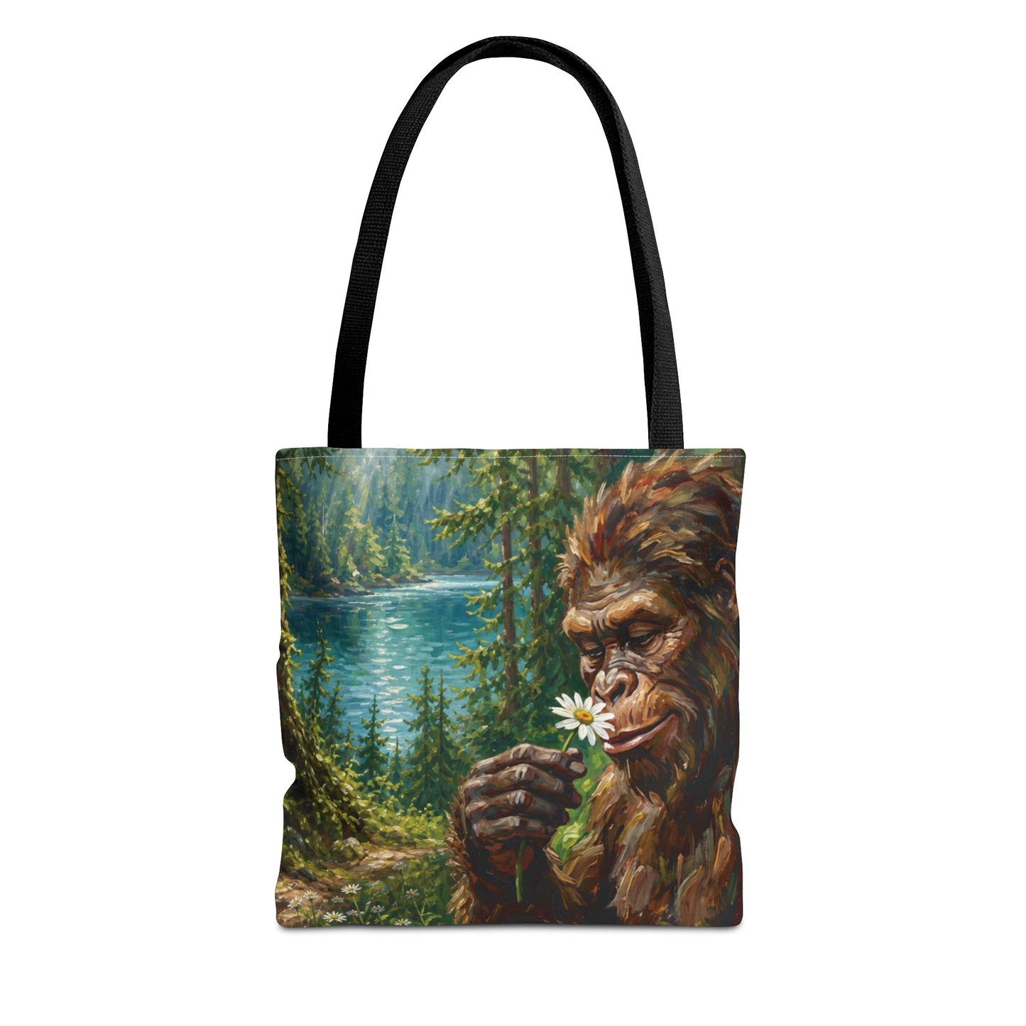 Sasquatch Meadow Tote Bag — Whimsical Bigfoot Nature Canvas Tote