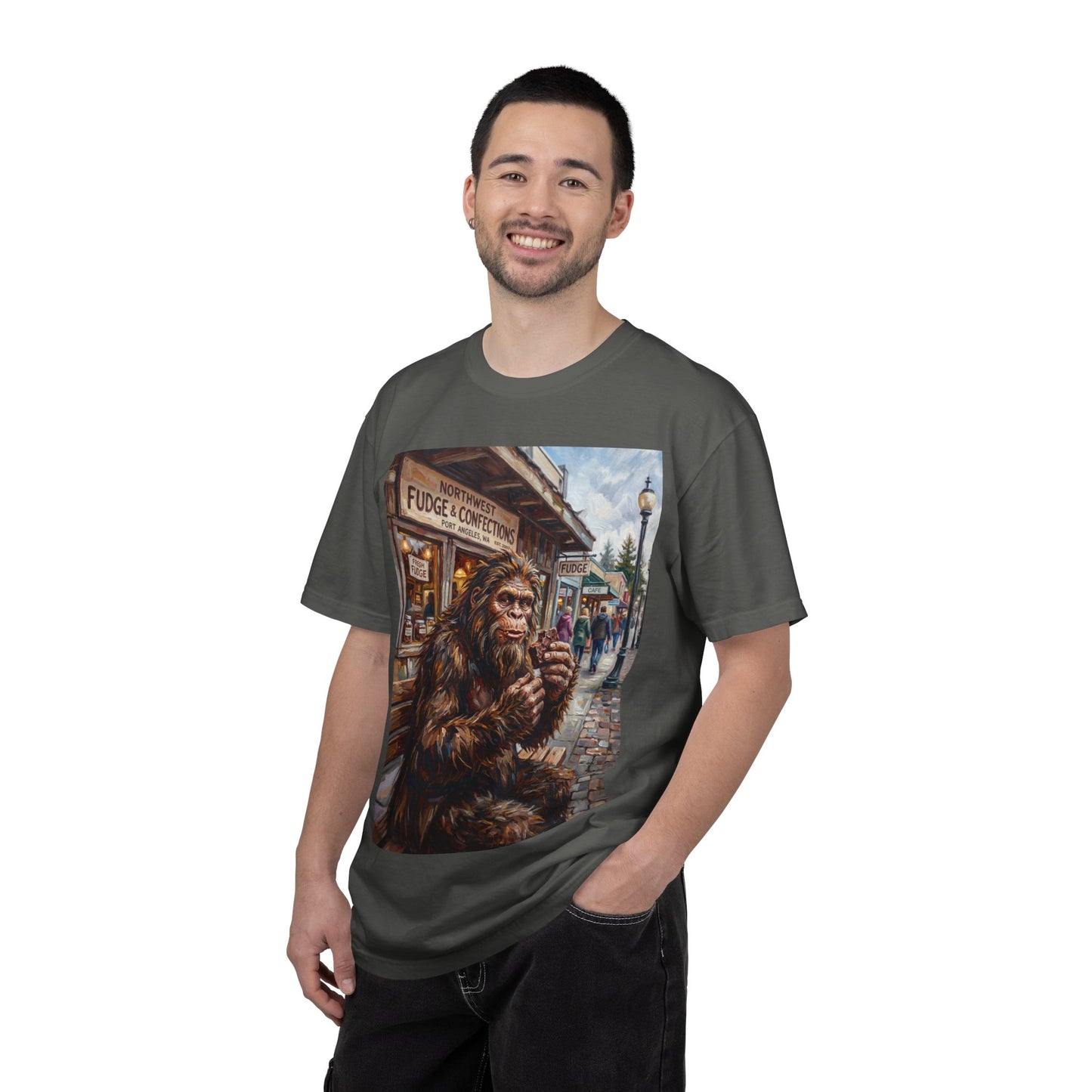 Bigfoot Fudge Shop T-Shirt — Sasquatch Street Scene Graphic Tee