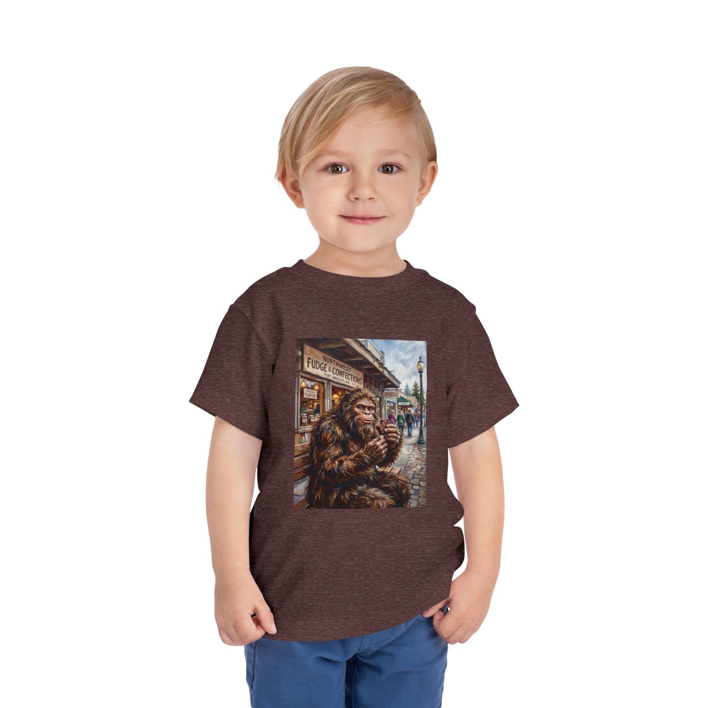 Toddler Tee — Vintage Bigfoot Eating Donut Street Scene