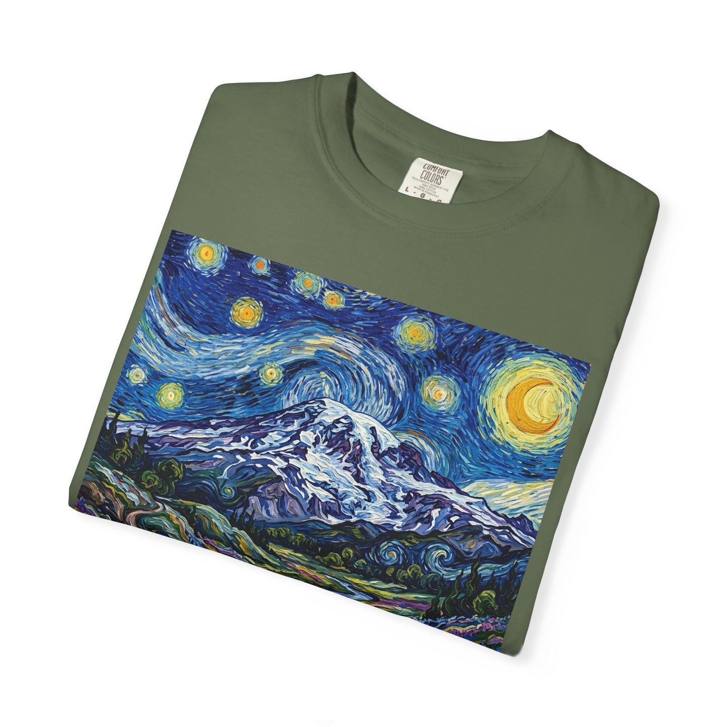 Mt Rainier with Lupines T-Shirt -- Starry Mountain Landscape Tee