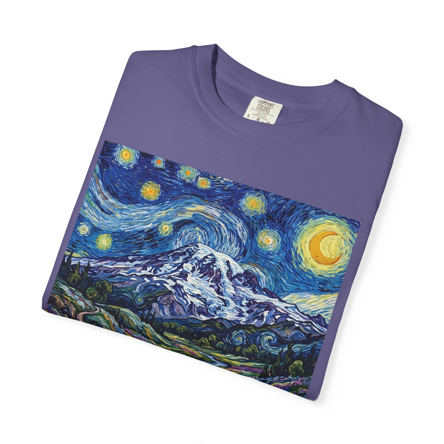 Mt Rainier with Lupines T-Shirt -- Starry Mountain Landscape Tee