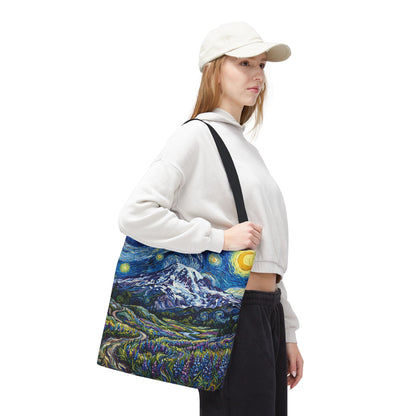 Starry Mountain Landscape Tote Bag — Van Gogh Style Mountain Night All-Over Print