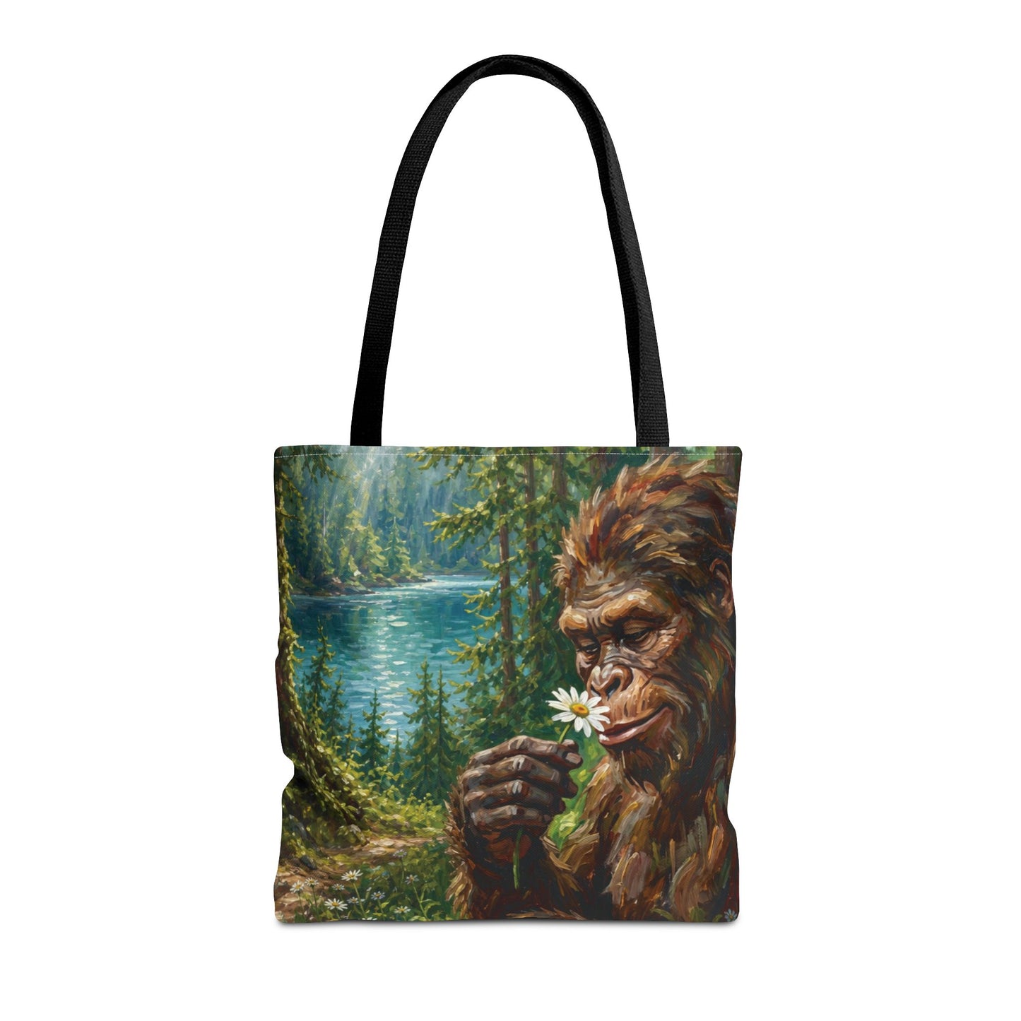 Sasquatch Meadow Tote Bag — Whimsical Bigfoot Nature Canvas Tote