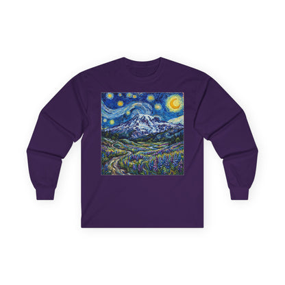 Starry Night Mountain Long Sleeve Tee, Mt. Rainier with Lupines Warm Shirt