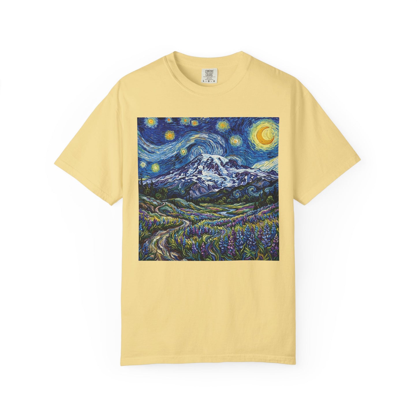 Mt Rainier with Lupines T-Shirt -- Starry Mountain Landscape Tee