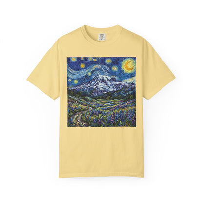 Mt Rainier with Lupines T-Shirt -- Starry Mountain Landscape Tee