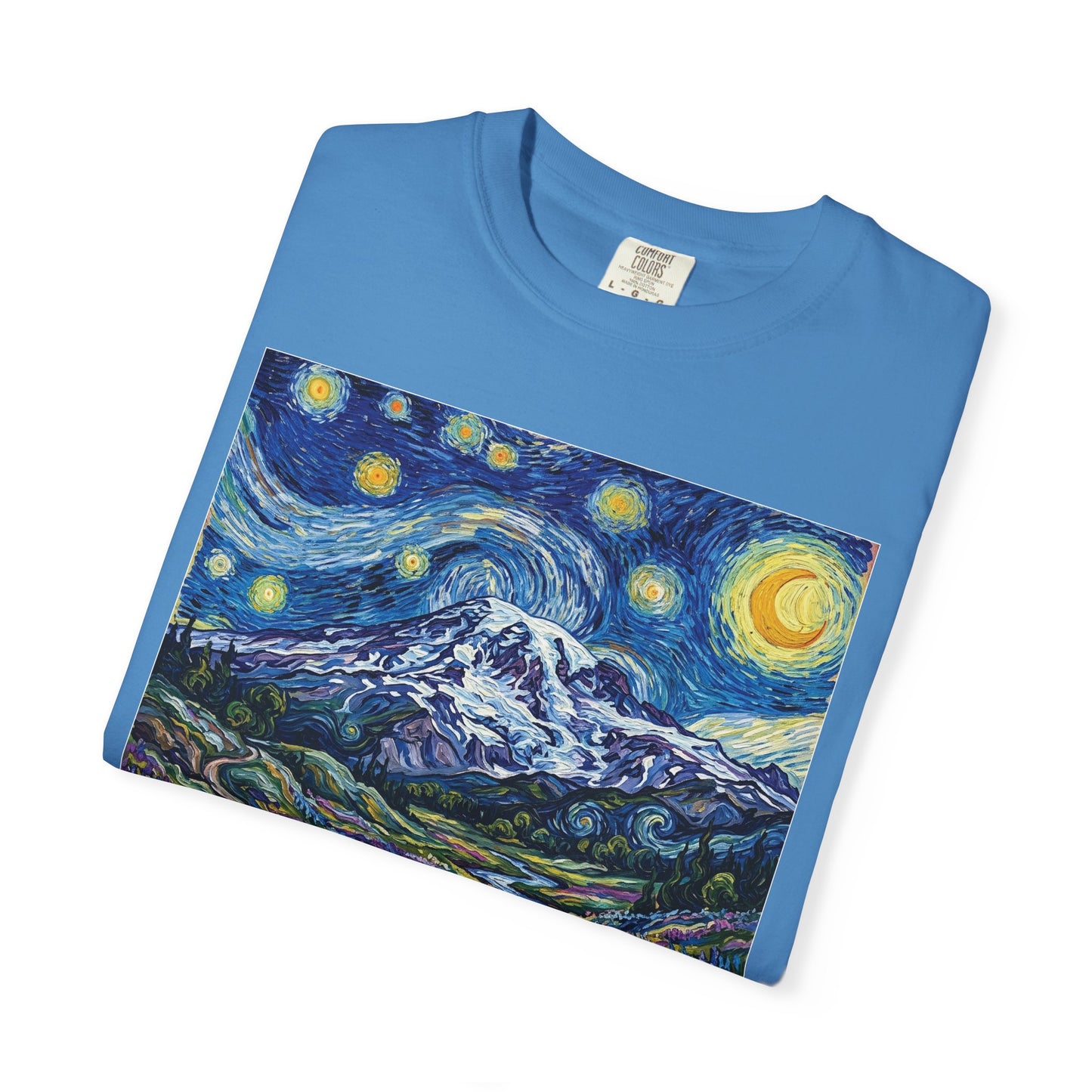 Starry Mountain Landscape T-Shirt — Van Gogh Style Night Sky over Wildflower Valley