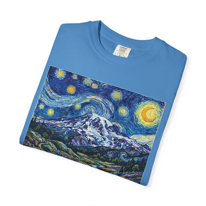 Starry Mountain Landscape T-Shirt — Van Gogh Style Night Sky over Wildflower Valley