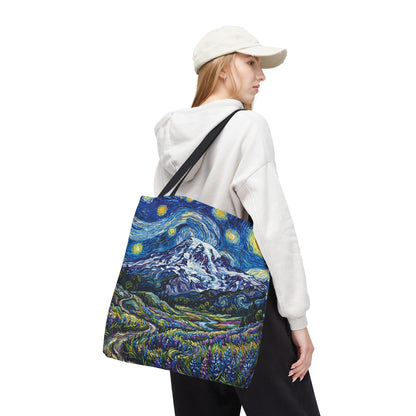 Starry Mountain Landscape Tote Bag — Van Gogh Style Mountain Night All-Over Print