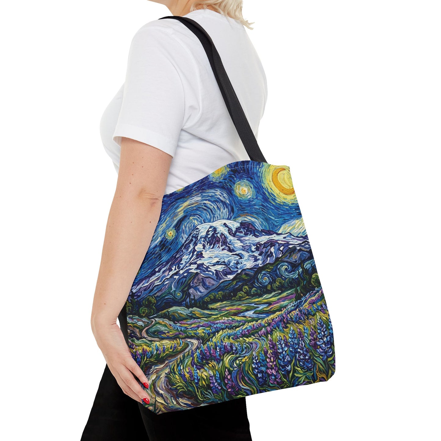 Starry Mountain Landscape Tote Bag — Van Gogh Style Mountain Night All-Over Print