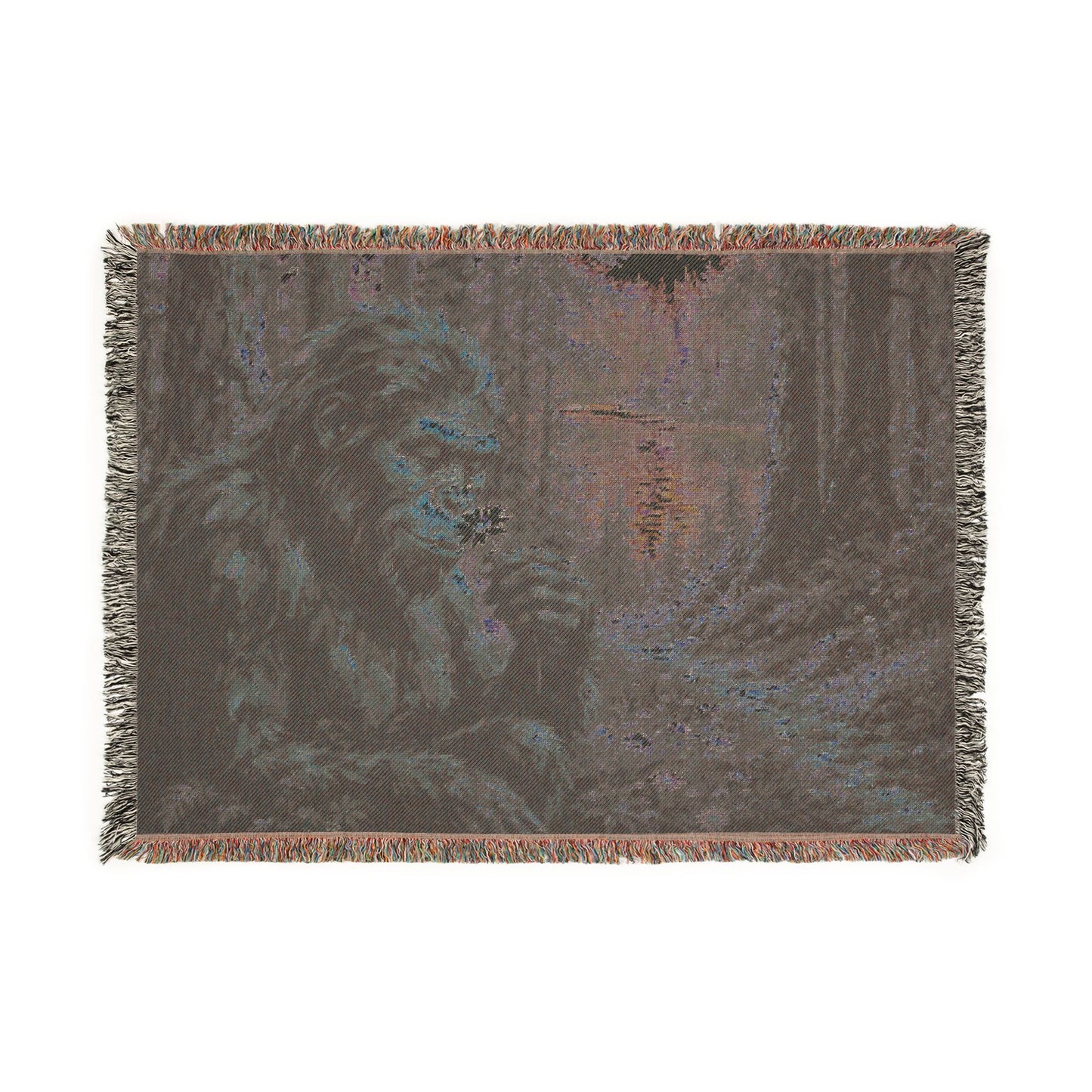 Bigfoot Forest Woven Blanket — Retro Sasquatch Woodland Throw