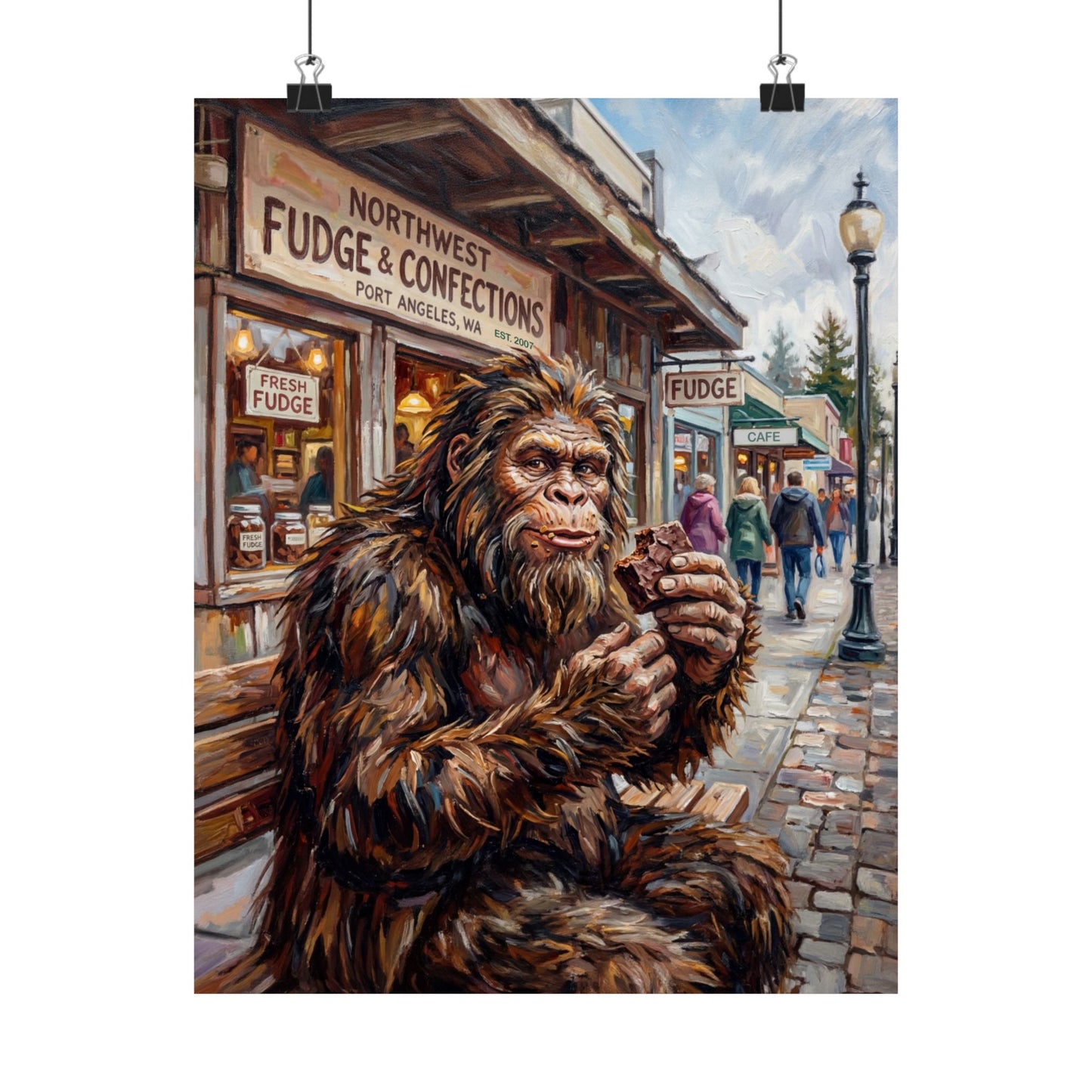 Sasquatch with Fudge at NW Fudge - Satin Poster — Retro Bigfoot Art Print
