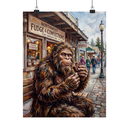 Sasquatch with Fudge at NW Fudge - Satin Poster — Retro Bigfoot Art Print