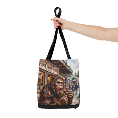 Bigfoot Fudge Shop Tote Bag — Quirky Sasquatch Market Art Tote