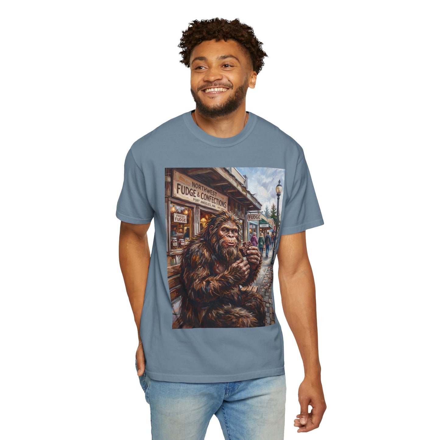 Bigfoot Fudge Shop T-Shirt — Sasquatch Street Scene Graphic Tee