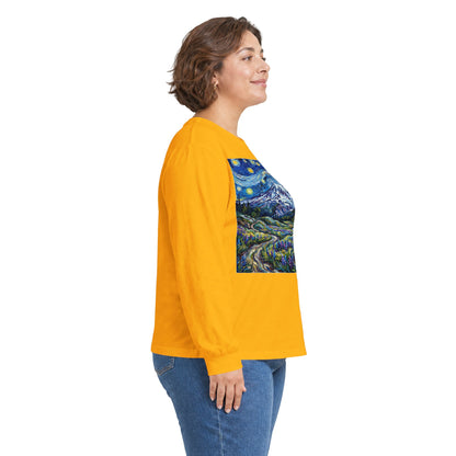 Starry Night Mountain Long Sleeve Tee, Mt. Rainier with Lupines Warm Shirt