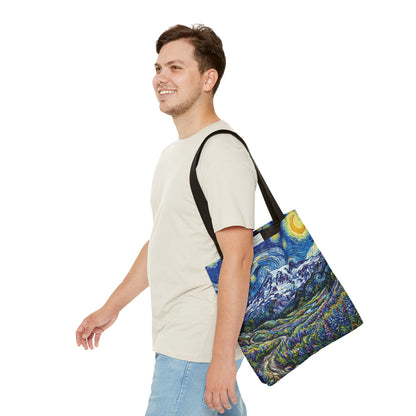 Starry Mountain Landscape Tote Bag — Van Gogh Style Mountain Night All-Over Print