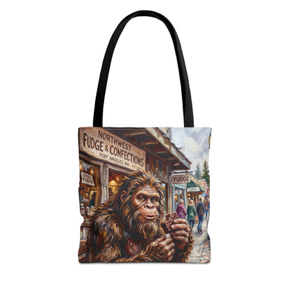 Bigfoot Fudge Shop Tote Bag — Quirky Sasquatch Market Art Tote