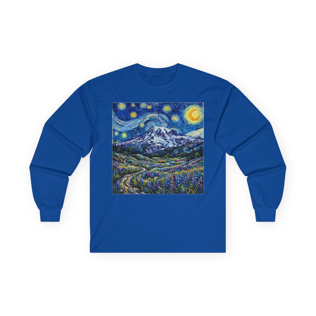 Starry Night Mountain Long Sleeve Tee, Mt. Rainier with Lupines Warm Shirt