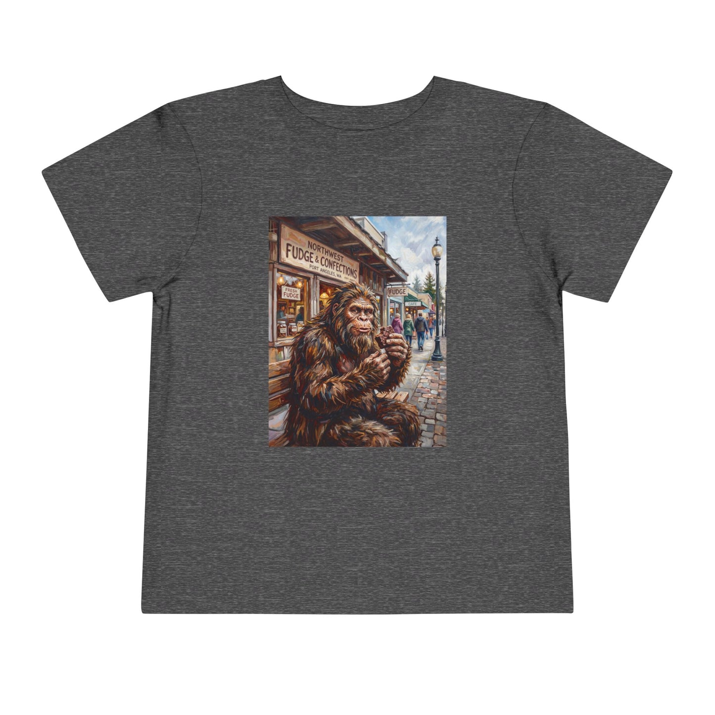 Toddler Tee — Vintage Bigfoot Eating Donut Street Scene
