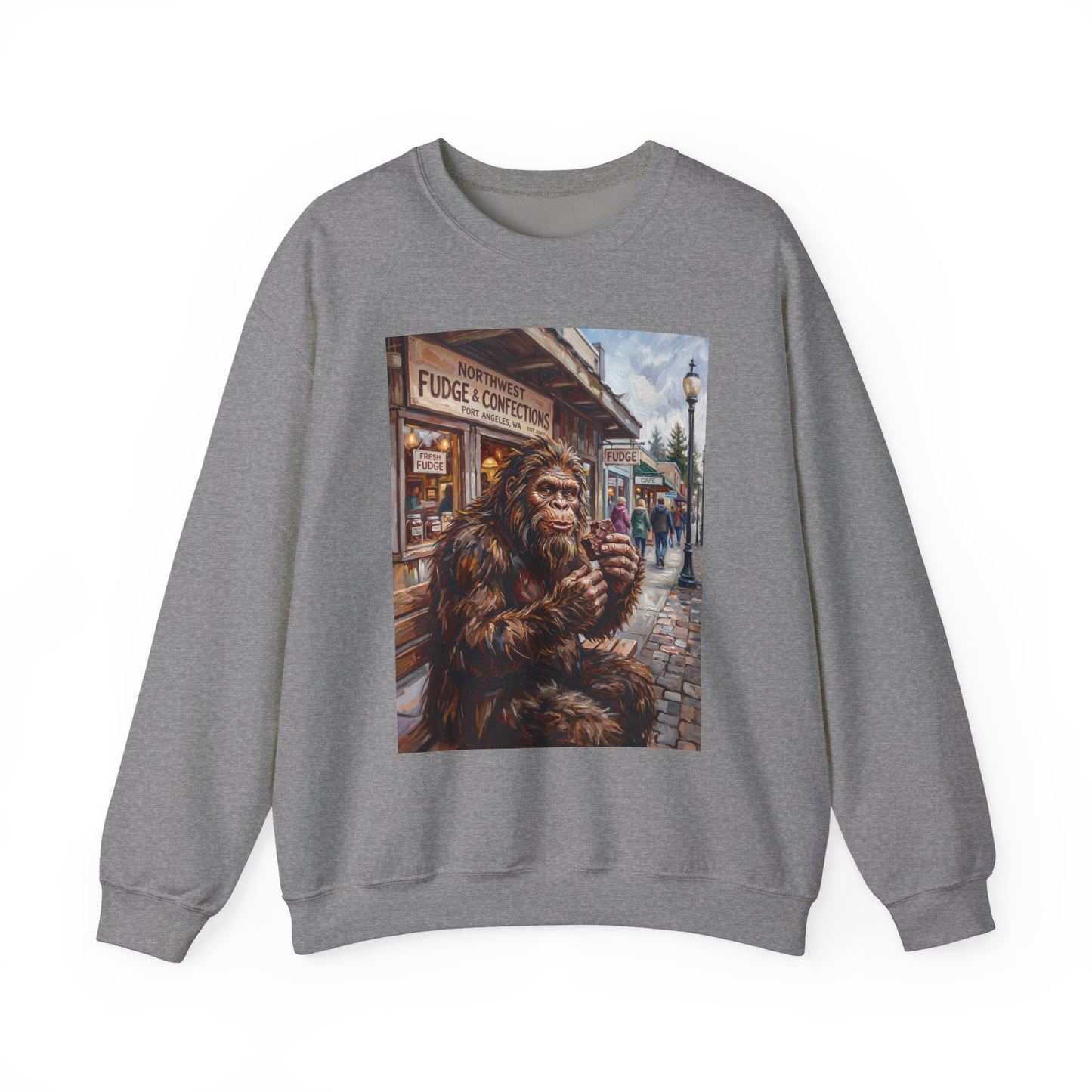 Bigfoot Eating Fudge Crewneck Sweatshirt — Funny Sasquatch Vintage Street Scene