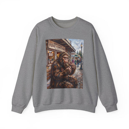 Bigfoot Eating Fudge Crewneck Sweatshirt — Funny Sasquatch Vintage Street Scene