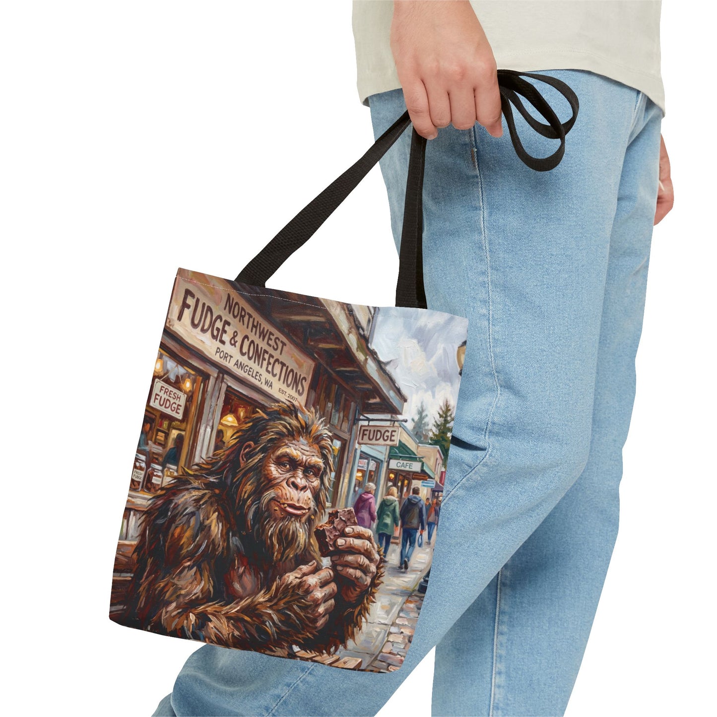Bigfoot Fudge Shop Tote Bag — Whimsical Sasquatch Street Scene All-Over Print Tote
