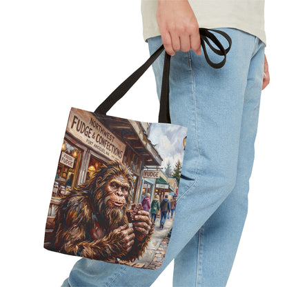 Bigfoot Fudge Shop Tote Bag — Whimsical Sasquatch Street Scene All-Over Print Tote