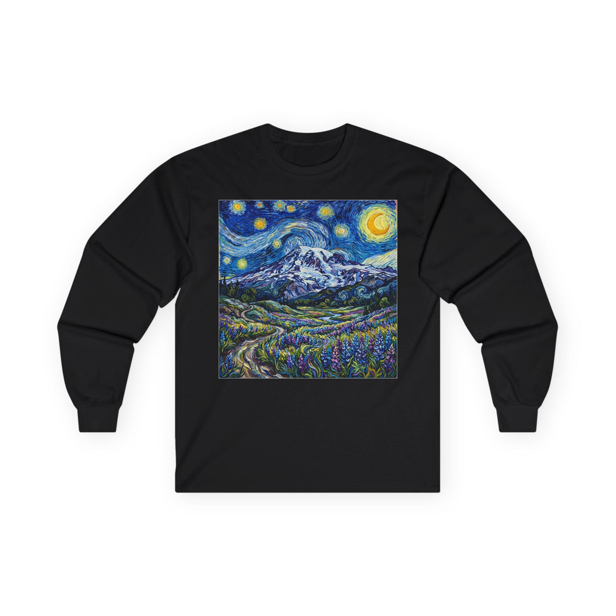 Starry Night Mountain Long Sleeve Tee, Mt. Rainier with Lupines Warm Shirt